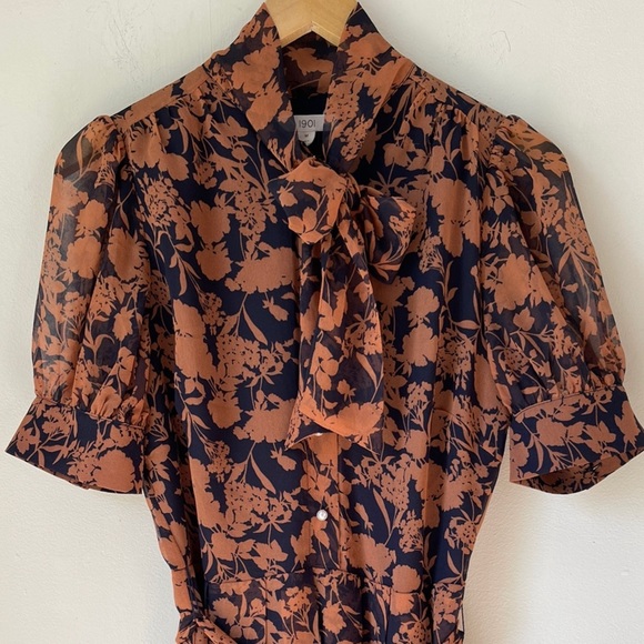 1901 Floral Print Pearl Button Pleated Chiffon Midi Dress L - Picture 8 of 13